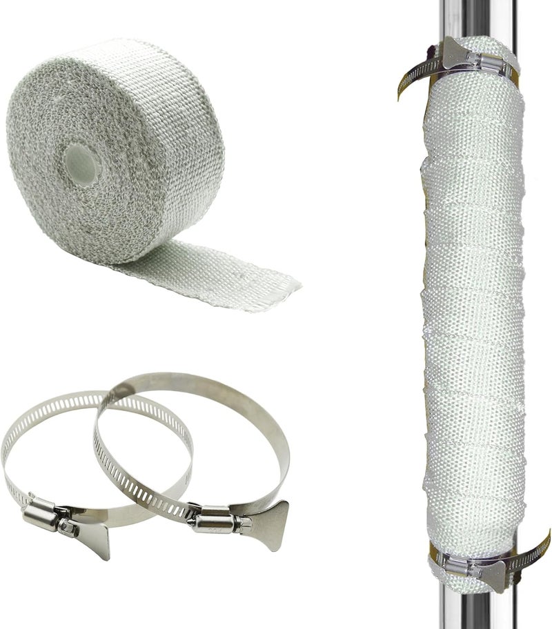 DOBTIM Fireproof Pipe Wrap Insulation 2" Wide X 32' Long, Fiberglass Heat Shield Tape Pipe Webbing for Stove Flue Protector with 2 Clamps, White - Image 1